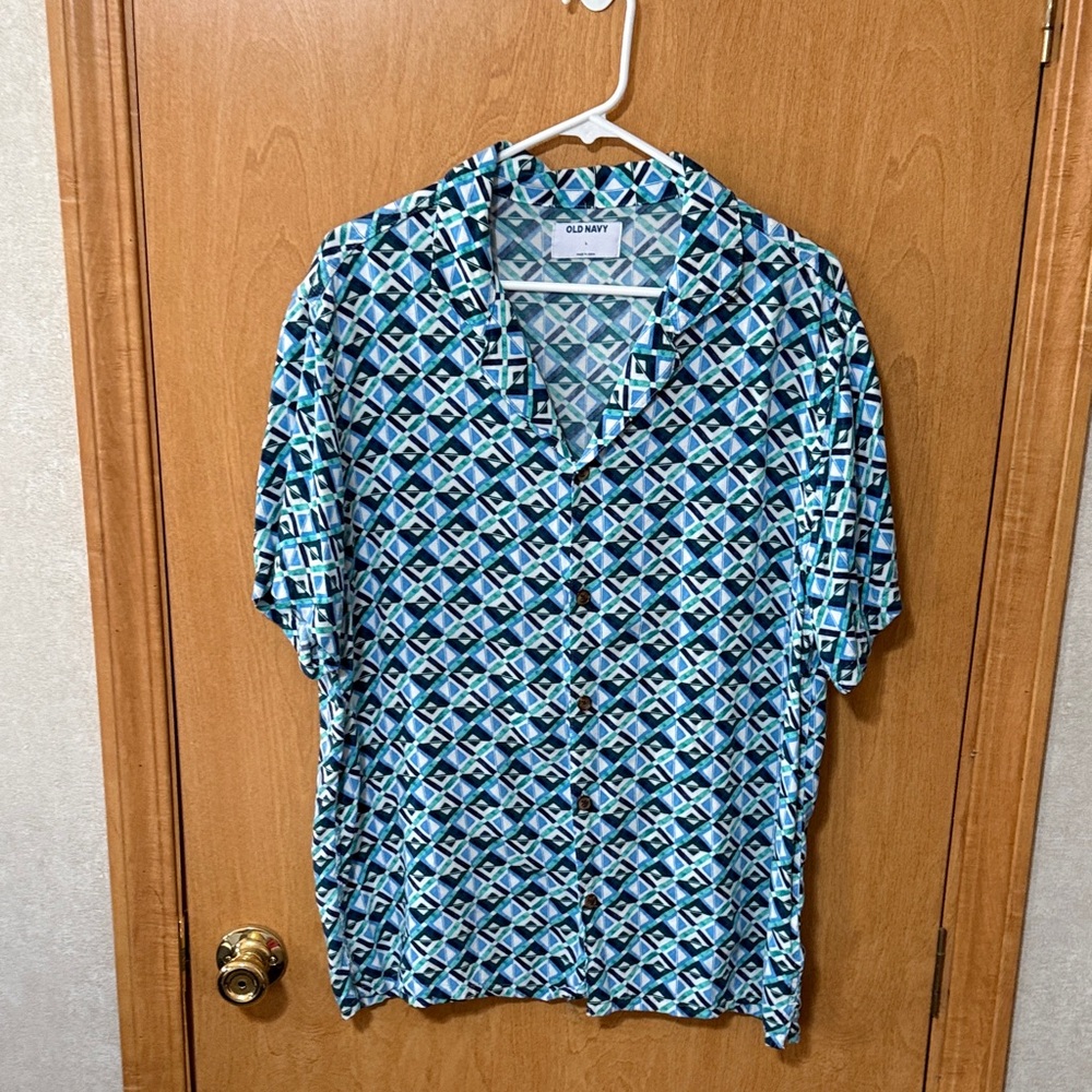 Old Navy Men's Large Casual Blue Patterned Casual Dress Shirt